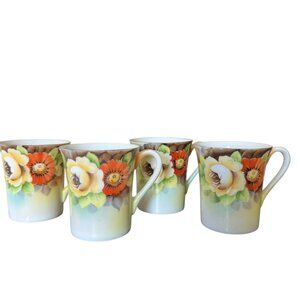 Vintage Porcelain Tea cups Demitasse Set Of 4 Floral Gilt Edging Small Autumnal